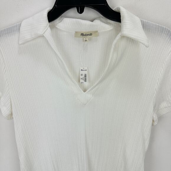Madewell Ribbed V Neck Polo Tee Top Stretch Lyocell Lighthouse Ivory Slim S NWT - Picture 6 of 11